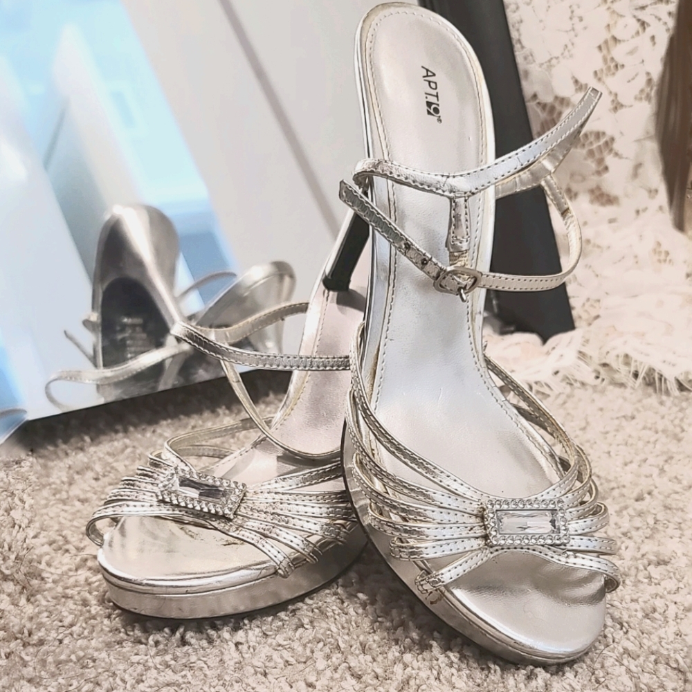 Silver Gemstone Peep Toe Strappy Heels